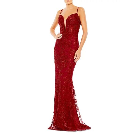 Mac Duggal Beaded Plunge Neck Mermaid Gown Dress Sleeveless Red Size 8 NWT - Picture 1 of 11